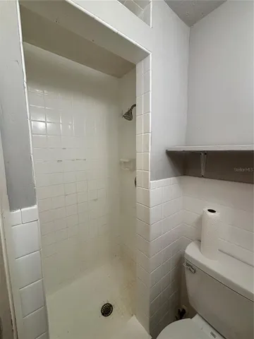 a bathroom with a shower and toilet