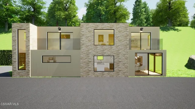 a view of a house with large windows