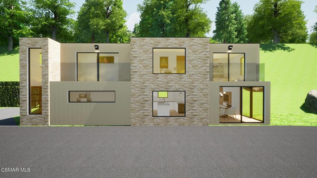 a view of a house with large windows