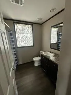 a bathroom with a toilet sink and mirror