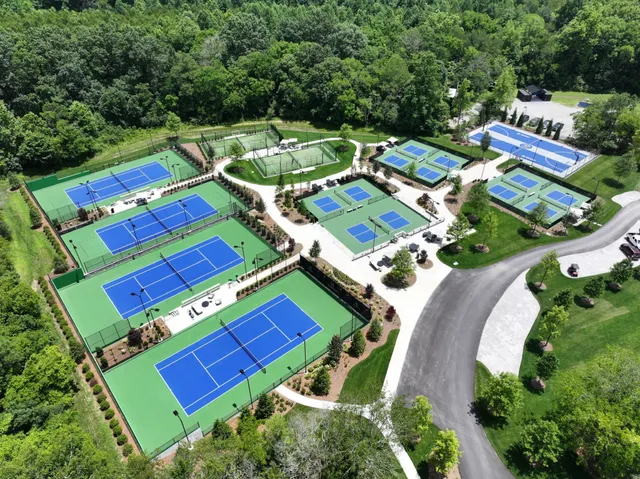 an aerial view of a tennis ground with large trees