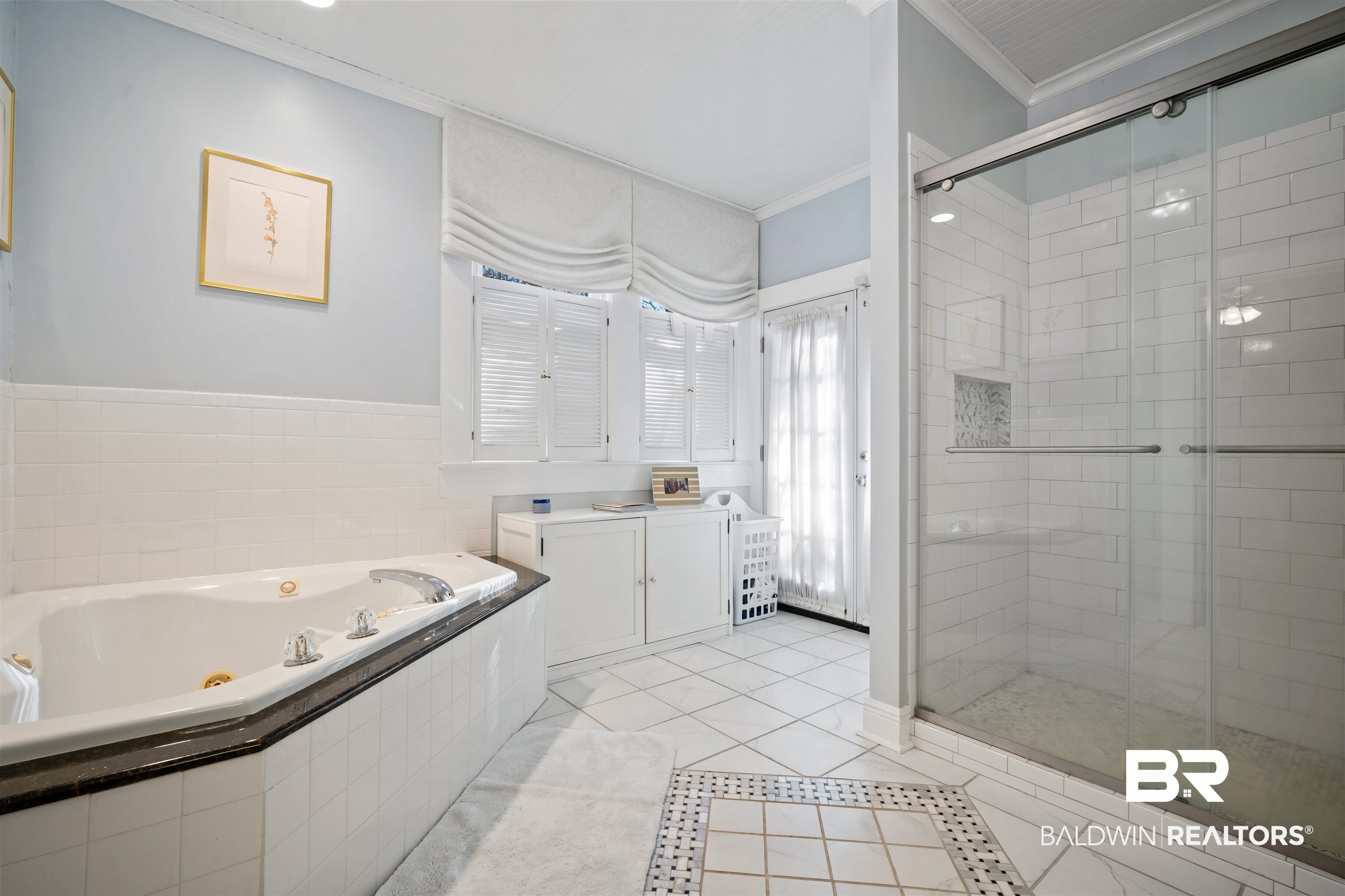 168 Mohawk Street Mobile, AL 36606 - Photo 18 of 31 Bathroom featuring ornamental molding, light tile patterned flooring, a shower stall, a tub with jets, and vanity