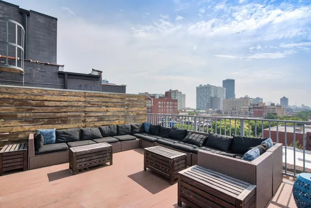 a roof deck with couches and potted plants