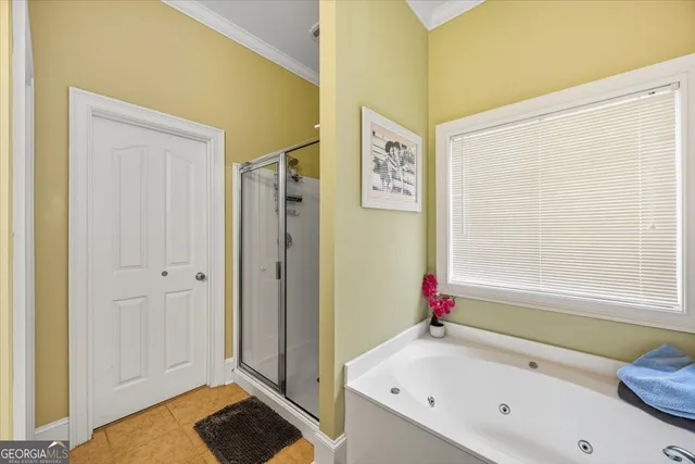 a bathroom with a bathtub and a shower