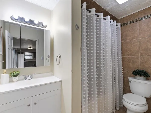 a bathroom with a sink a toilet a mirror a vanity and shower