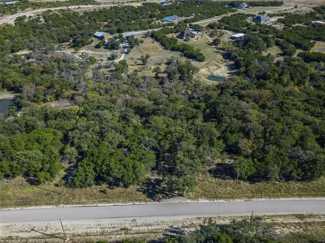 an aerial view of residential houses with outdoor space and trees