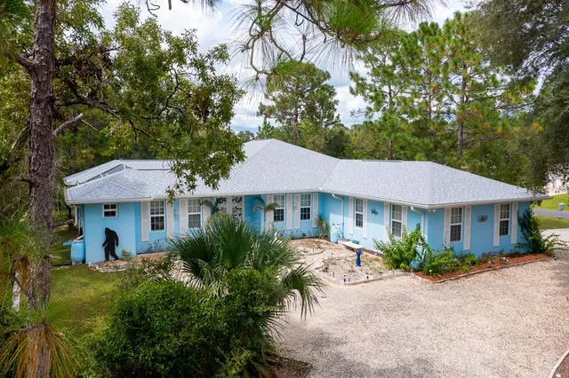 a view of a house with potted plants and a large tree