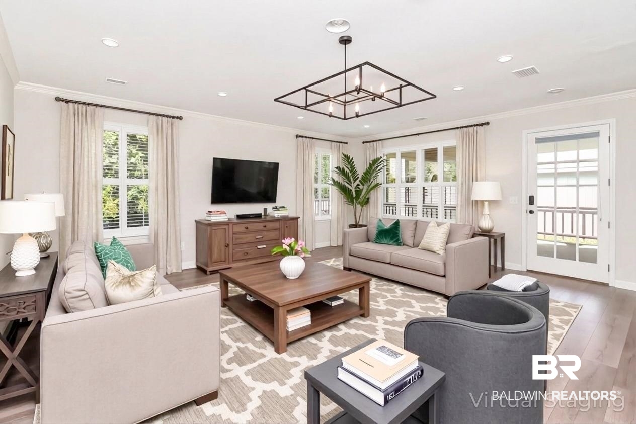 8 Lancaster Road Mobile, AL 36608 - Photo 9 of 24 VIRTUALLY STAGED - Living area with light wood-style flooring, ornamental molding, healthy amount of natural light, and recessed lighting