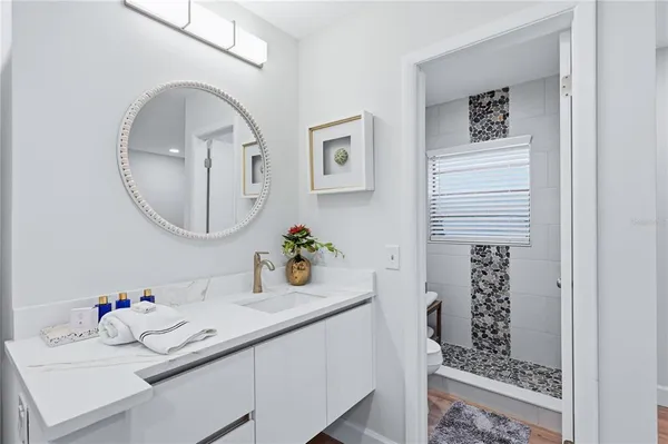 a bathroom with a sink and a mirror