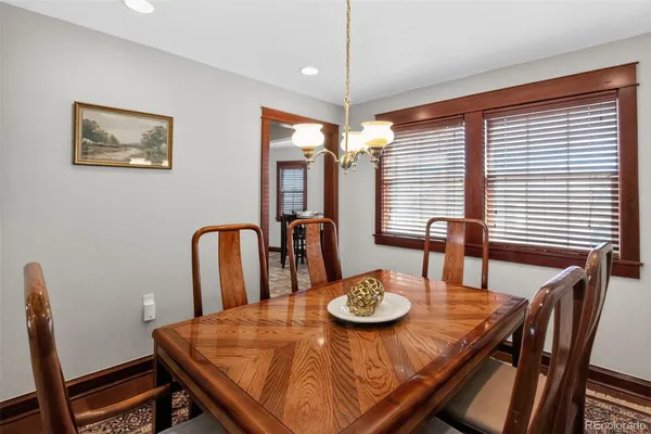 a view of a dining room with furniture