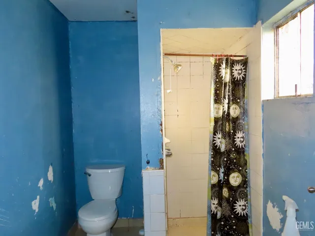 a bathroom with a toilet and shower curtain
