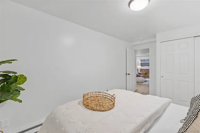 a bedroom with a bed and a plant