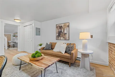 a living room with furniture and a potted plant