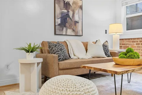 a living room with furniture and a potted plant