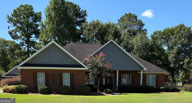 a front view of a house with yard and green space