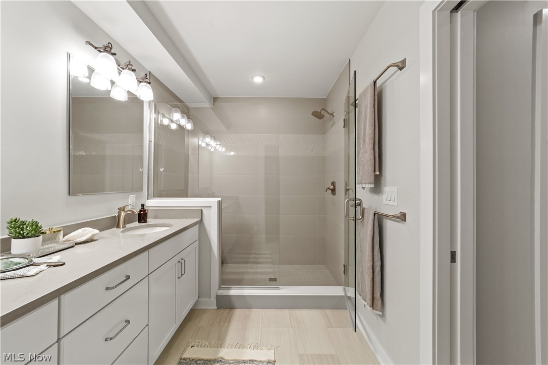 2044 Random Road, Unit 101 Cleveland, OH 44106 - Photo 21 of 44 Bathroom with vanity, tile patterned floors, and walk in shower