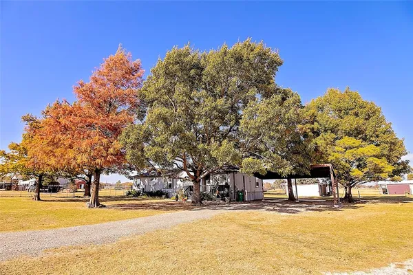 a view of a yard with a house in the background