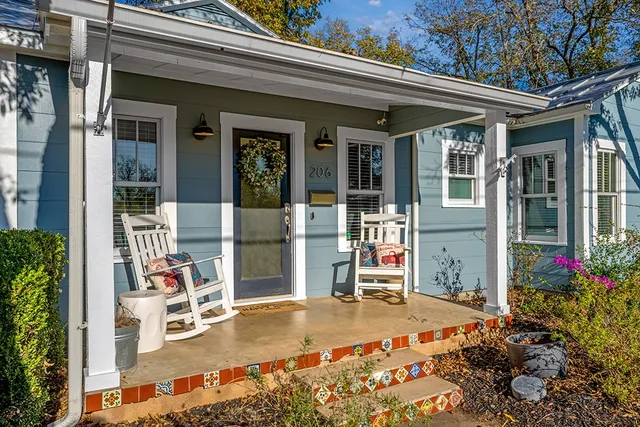 front view of a house with a patio