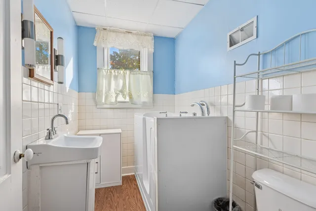 a bathroom with a sink a toilet and a mirror