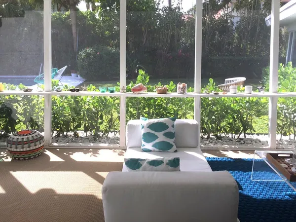 a view of a patio with couches chairs potted plants and a palm tree