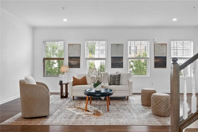 a living room with furniture rug and window