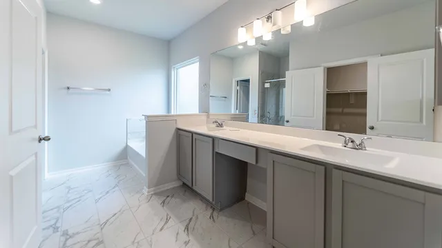 a bathroom with a double vanity sink a mirror and a shower