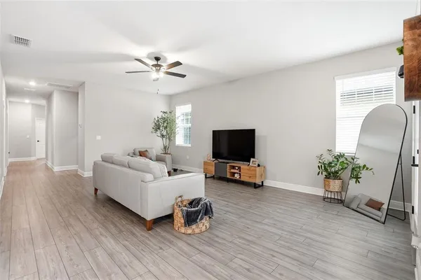 a living room with furniture potted plant and a flat screen tv