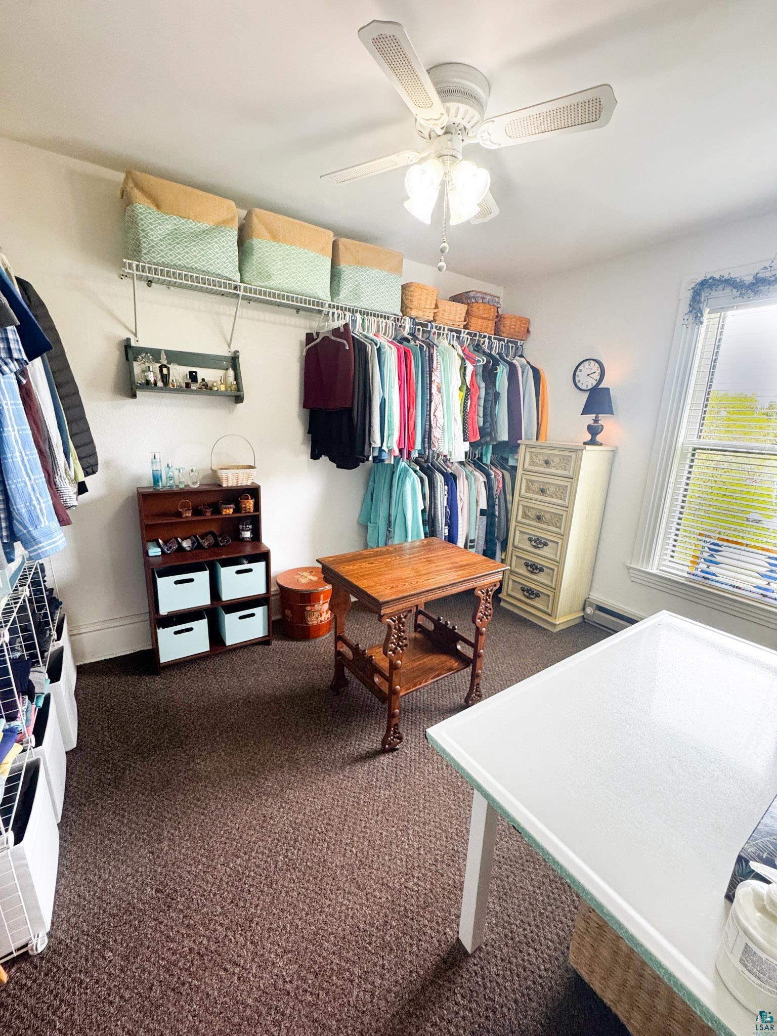 303 East 5th Street Washburn, WI 54891 - Photo 27 of 34 Room featuring a ceiling fan, wall-mounted shelving, and carpet flooring