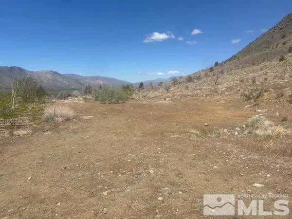 a view of a dry yard with mountains in the background
