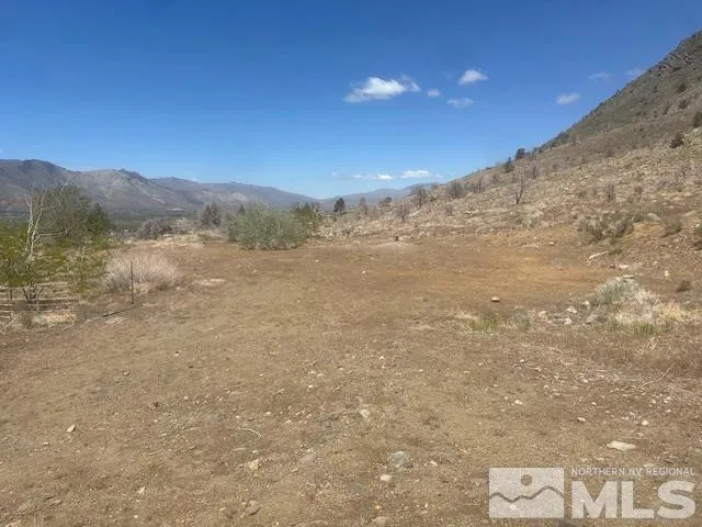 a view of a dry yard with mountains in the background