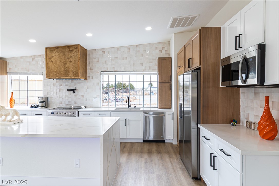 1891 Brian Road Pahrump, NV 89048 - Photo 7 of 50 Kitchen with visible vents, a sink, backsplash, stainless steel appliances, and custom exhaust hood