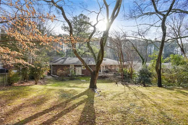 a view of a yard with large trees