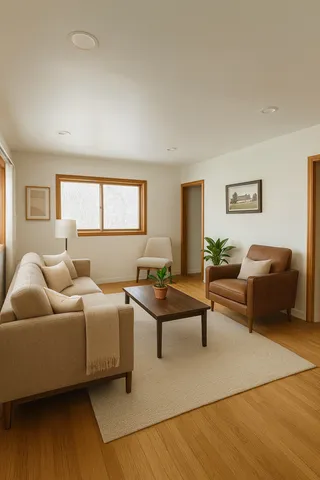 a living room with lots of furniture and a wooden floor