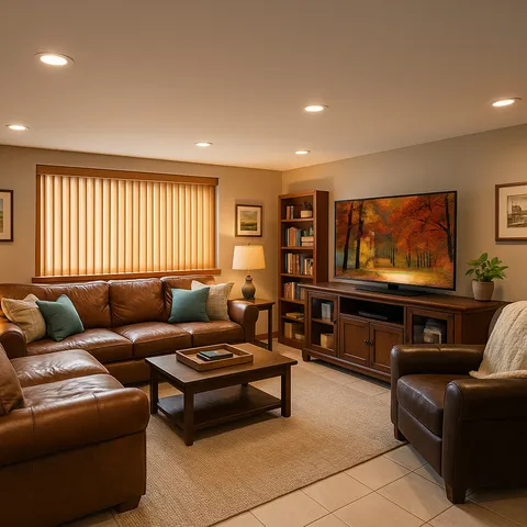 a living room with furniture and a lamp