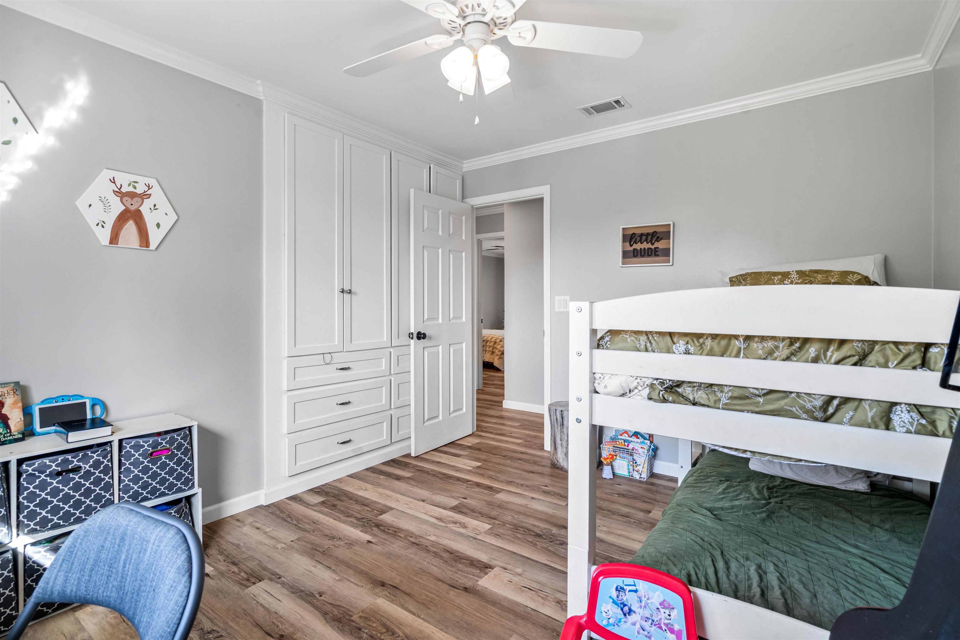3281 Dunn Road Valley Springs, CA 95252 - Photo 24 of 59 Bedroom featuring crown molding, light wood finished floors, and a ceiling fan