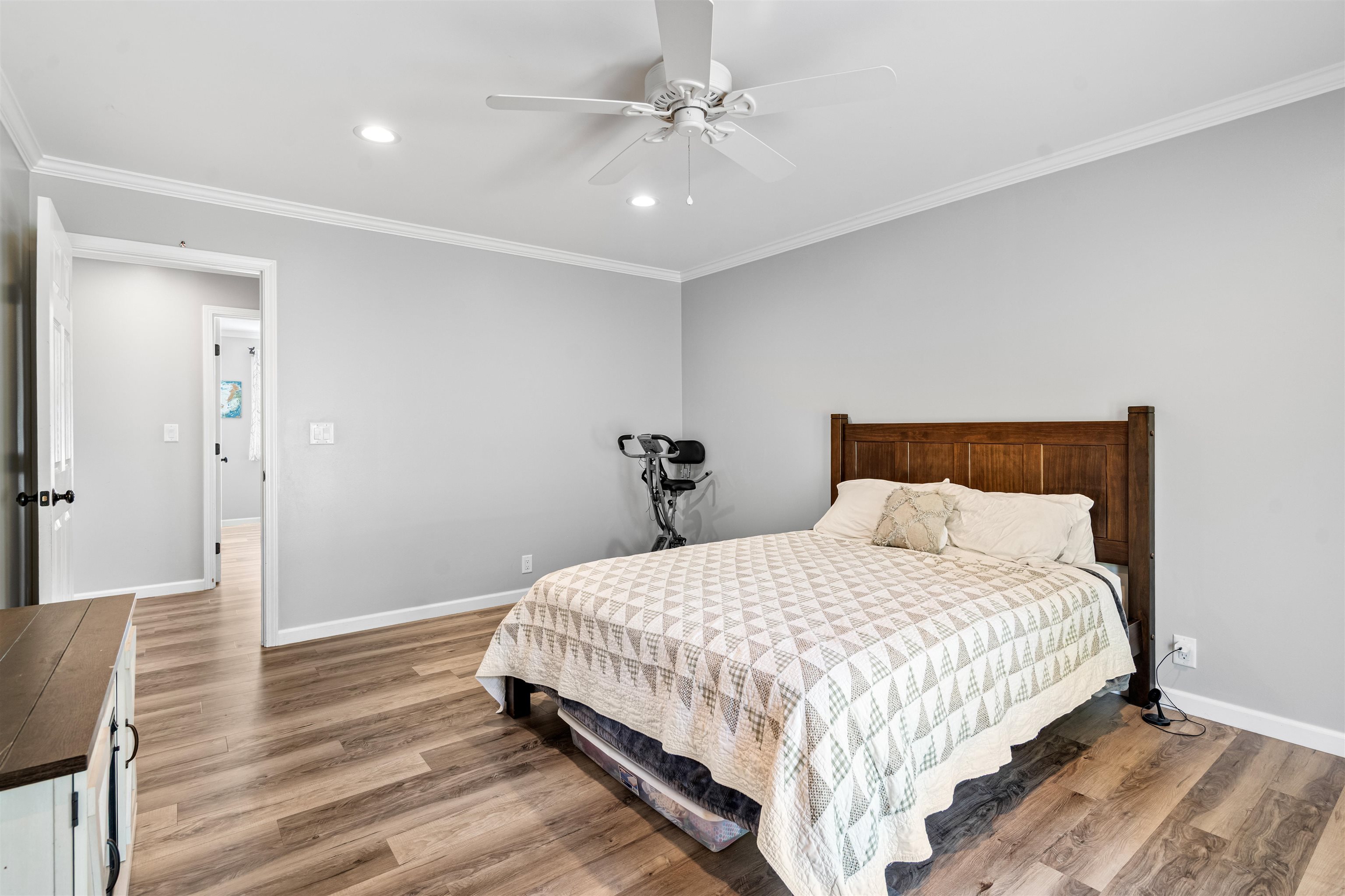 3281 Dunn Road Valley Springs, CA 95252 - Photo 30 of 59 Bedroom featuring ornamental molding, wood finished floors, recessed lighting, and ceiling fan