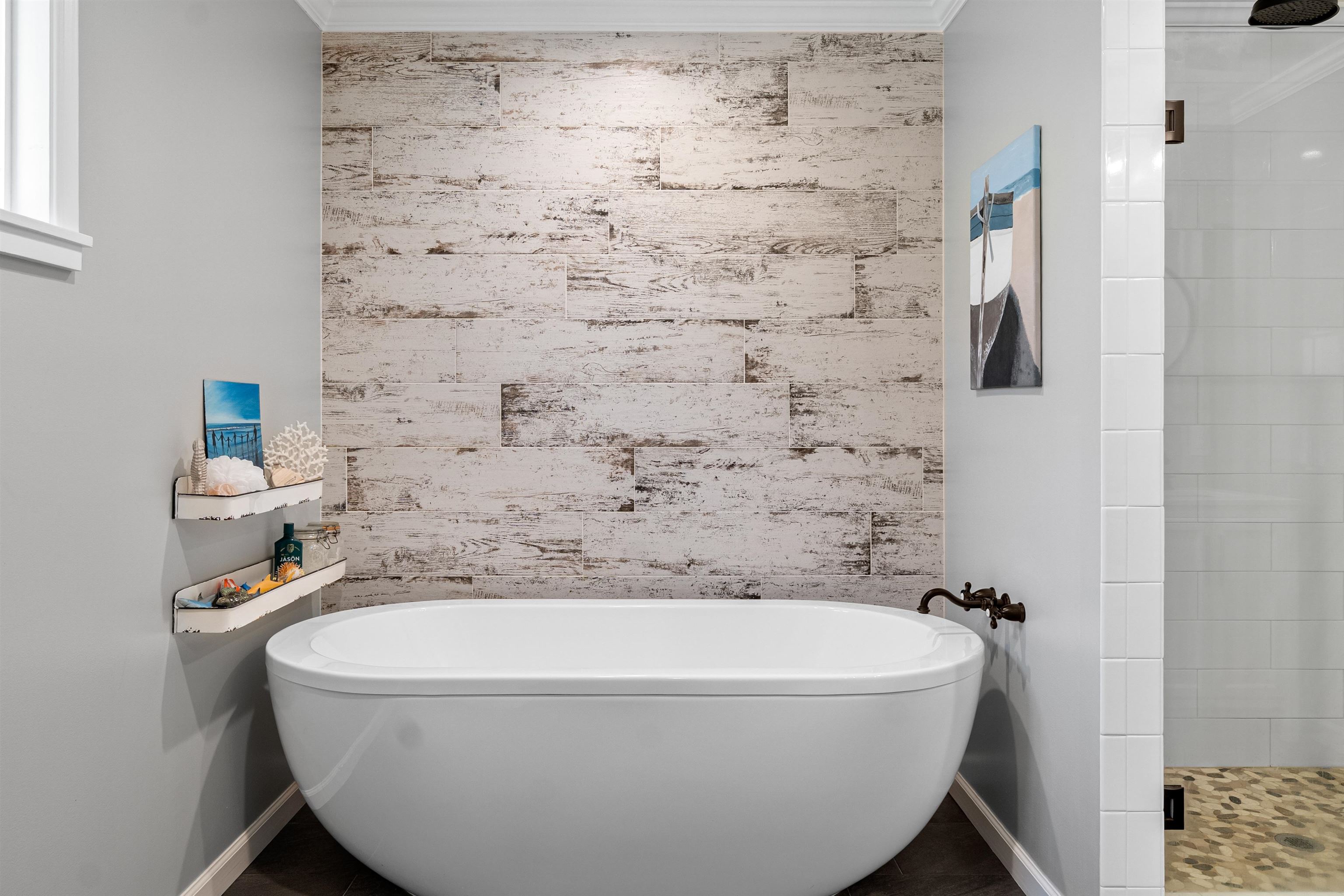 3281 Dunn Road Valley Springs, CA 95252 - Photo 32 of 59 Bathroom featuring a freestanding bath, a stall shower, an accent wall, and ornamental molding