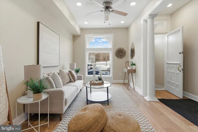 a living room with furniture potted plant and a large window