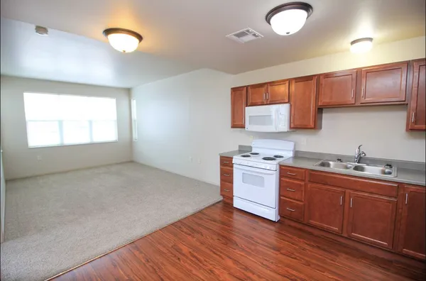 a kitchen with a sink cabinets wooden floor and stainless steel appliances
