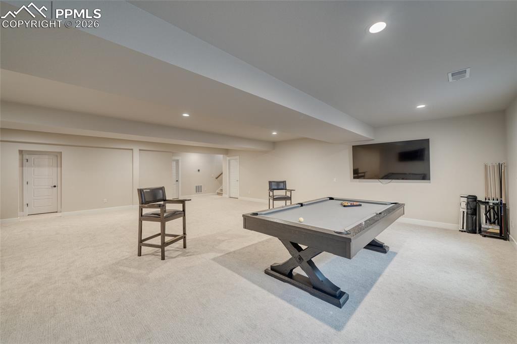 10059 Owl Perch Loop Colorado Springs, CO 80908 - Photo 46 of 50 Recreation room featuring billiards, light carpet, and recessed lighting