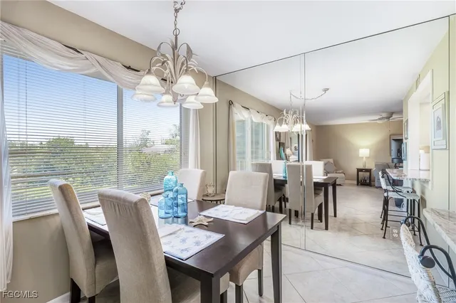 a view of a dining room with furniture window and outside view