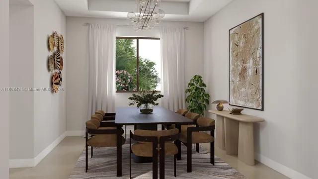 a view of a dining room with furniture and window