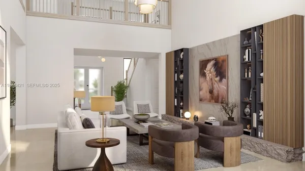 a living room with furniture and a large mirror