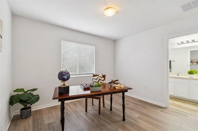a living room with furniture and a potted plant