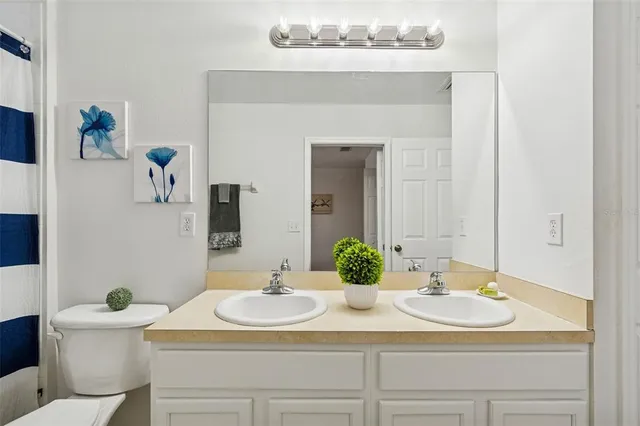 a bathroom with a sink and a mirror with toilet