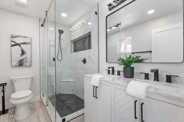 a bathroom with a granite countertop sink a toilet a shower and a mirror