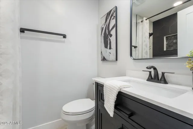a bathroom with a sink a toilet and mirror