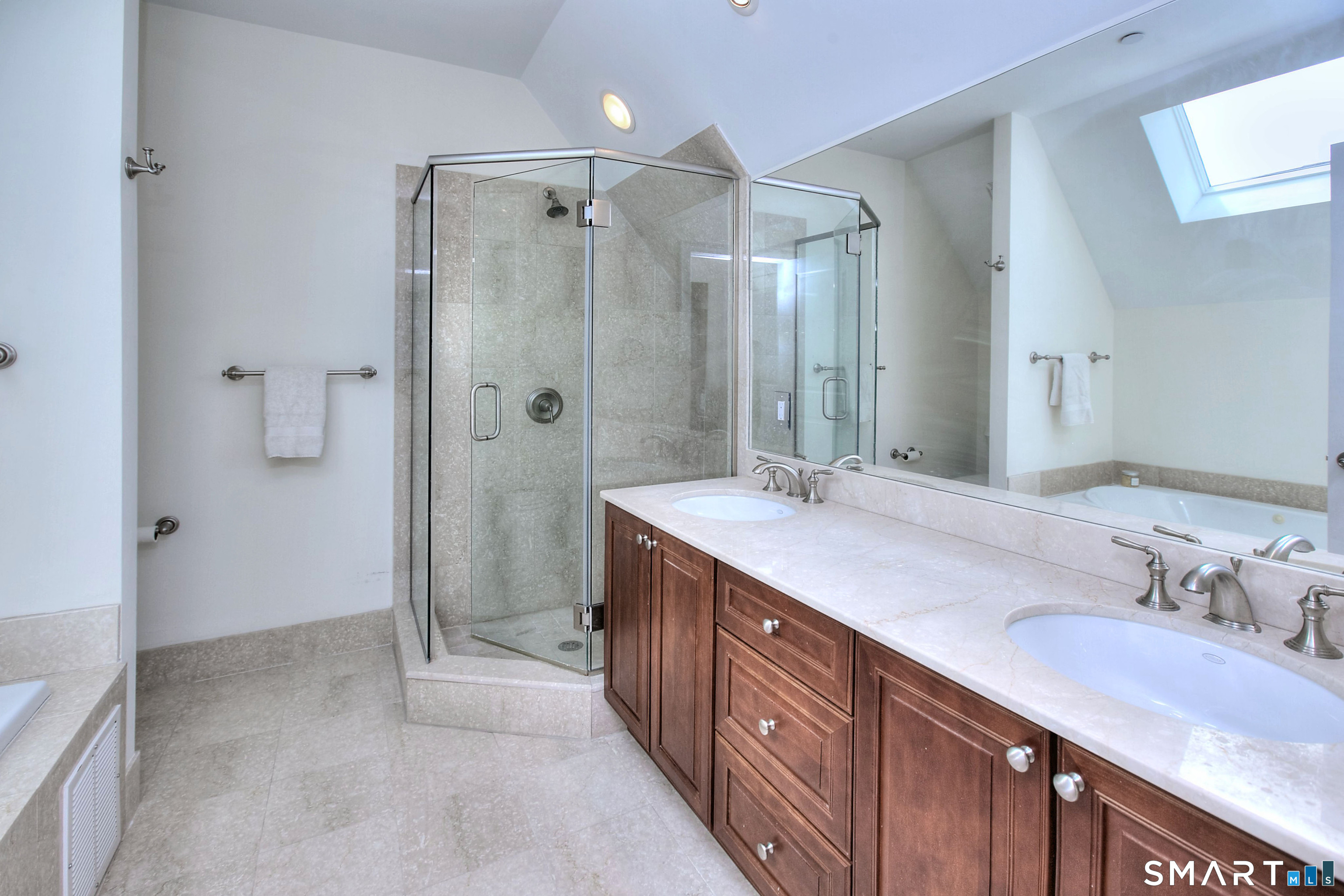 16 Hayestown Road, Unit C402 Danbury, CT 06811 - Photo 18 of 36 a bathroom with a granite countertop sink mirror shower and double