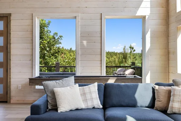 a view of a balcony with furniture and a potted plant