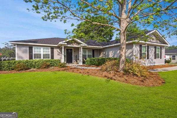 a front view of house with yard and green space